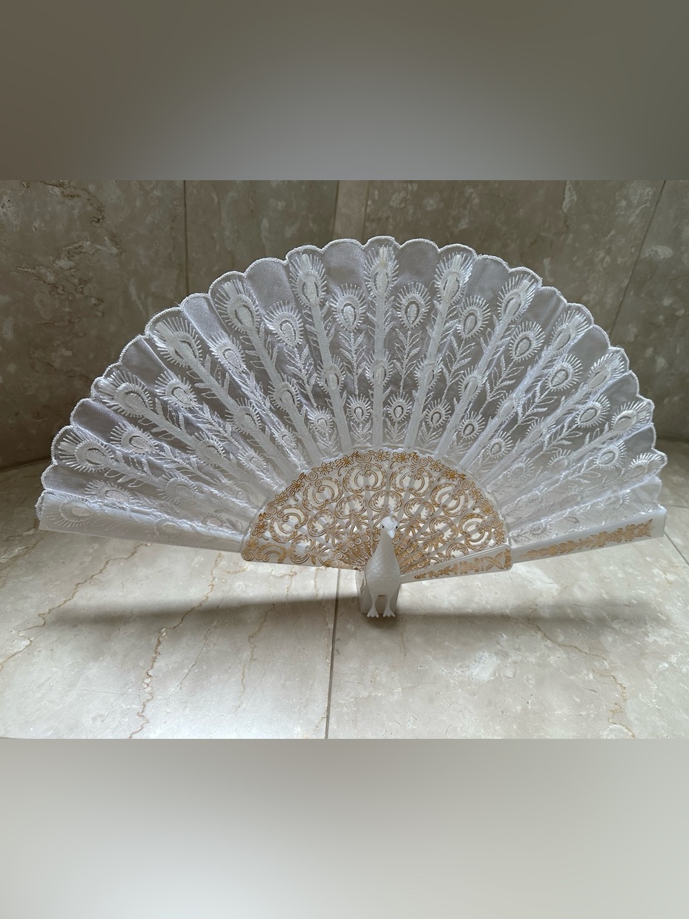 Vintage White Lace Peacock Fan with Gold Accents